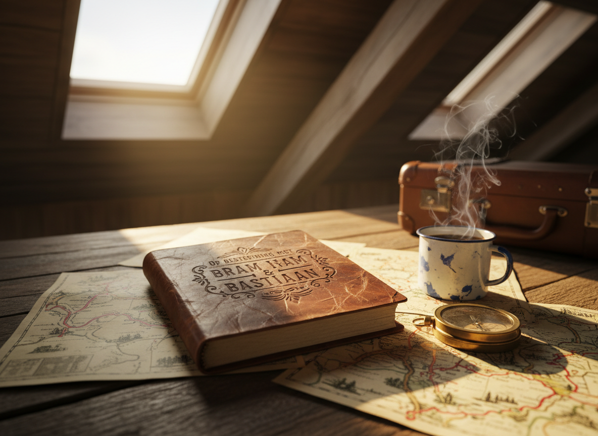 A weathered leather travel journal embossed with the title “Op bestemming met Bram & Bastiaan” in Dutch-inspired lettering, lying open on a rustic wooden table in a cozy Airbnb attic room. Around it are scattered vintage paper maps with hand-drawn routes, a well-used compass, and a small enamel mug filled with dark coffee. Late afternoon golden hour light streams through a skylight, casting warm highlights on the journal’s creased cover and long shadows across the table. Shot from a slightly elevated angle with shallow depth of field, the background fades into a soft blur of slanted wooden beams and a small suitcase, creating a playful yet intimate, photographic realism perfect for a unique travel blog header.